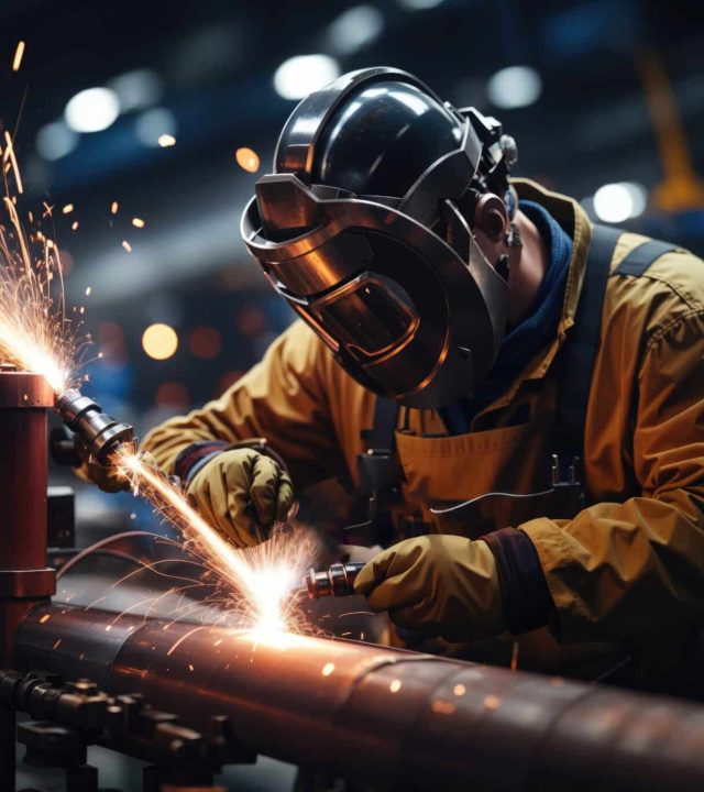 Highly skilled welder workers are welding in the construction site in the factory